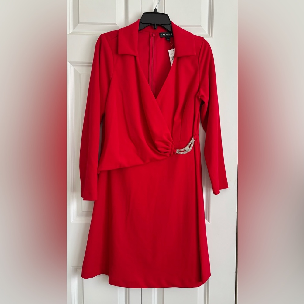 Red Long Sleeve Wrap Dress with Rhinestone Accent